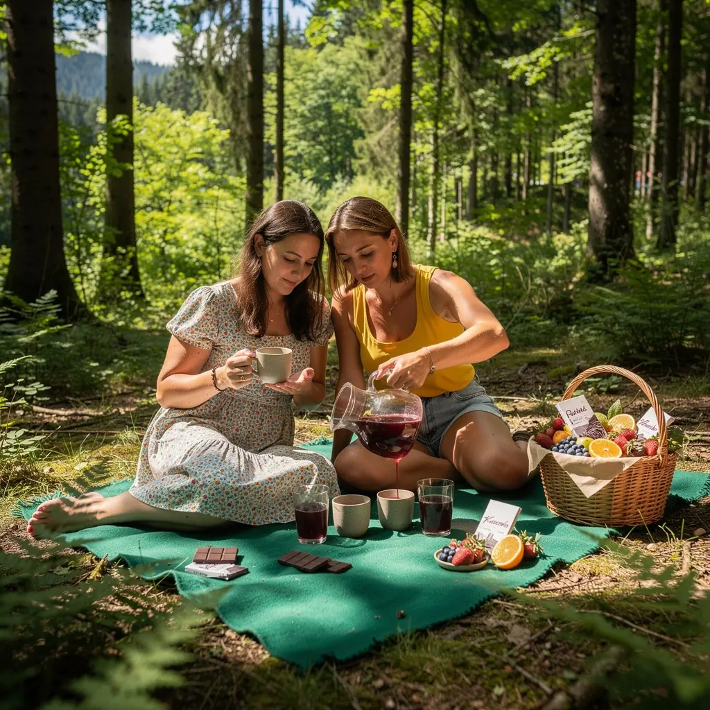 Sklenená nádoba s čajom z acai bobúľ obklopená čerstvými bobuľami.
